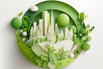 Eco friendly city concept in a beautiful paper cut style design. Green living and urban sustainability on Earth. Generative AI