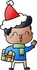 gradient cartoon of a laughing boy wearing santa hat