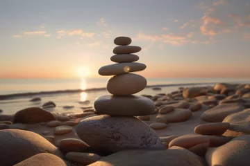 Foto auf Acrylglas Steine im Sand stack of zen stones on beach with gold hour light and a scenic sunsent in the background