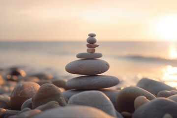 balance stack of zen stones on beach during an emotional and peaceful sunset, golden hour on the beach - obrazy, fototapety, plakaty