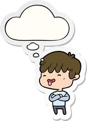 cartoon boy sticking out tongue and thought bubble as a printed sticker