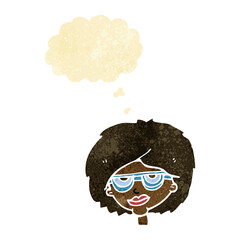 cartoon woman wearing spectacles with thought bubble