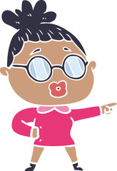 flat color style cartoon pointing woman wearing spectacles