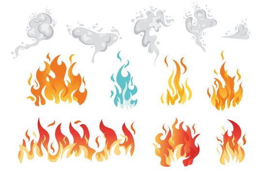 Fire set concept in the flat cartoon design on the white background. Image of burning fire and billows of smoke. Vector illustration.