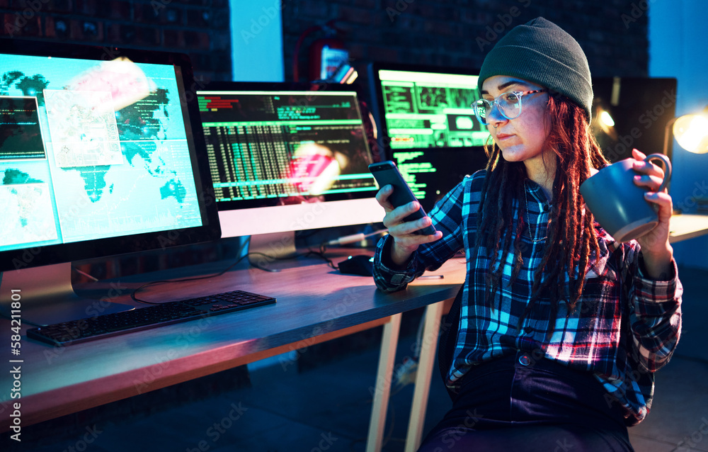 Poster Phone, cyber security or woman by computer screen in dark room at night for coding, phishing or blockchain. Coffee, programmer ux or girl hacking online in digital transformation on global website