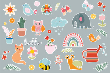 Kids stickers set icons concept in the flat cartoon design on the grey background. Stickers with cute animals and plants from cartoons and fairy tales. Vector illustration.