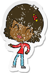 retro distressed sticker of a cartoon happy woman pointing