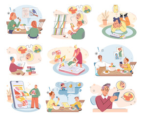 Children at home with phones and tablets set. Kids remote education, toddlers use smart technologies. Kids studying online, surfing social media, playing game, chatting by video call and use internet