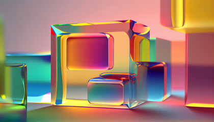 Geometric Background with Translucent Glass and Colorful Gradient, Simple Square Shapes, Rainbow Color, Generative AI