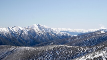 Snowy winter view over razorback spur to mount feathertop in the Victorian alpine high country...