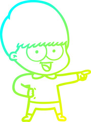 cold gradient line drawing happy cartoon boy pointing