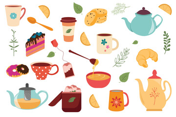 Tea time set concept in the flat cartoon design. Images of various teapots, cups and glasses for tea as well as pastries and dessert. Vector illustration.