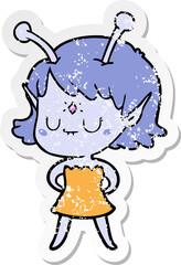 distressed sticker of a cartoon alien girl