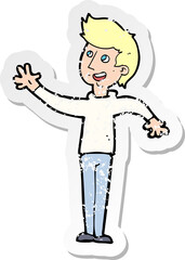 retro distressed sticker of a cartoon man waving