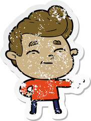 distressed sticker of a happy cartoon man pointing