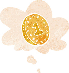 cartoon coin and thought bubble in retro textured style