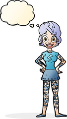 cartoon woman with heavy tattoos with thought bubble