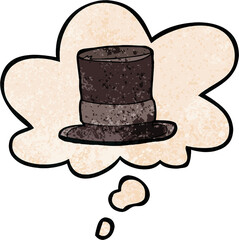 cartoon top hat and thought bubble in grunge texture pattern style