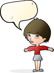 cartoon woman with open arms with speech bubble