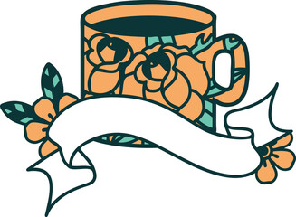 tattoo with banner of a cup and flowers
