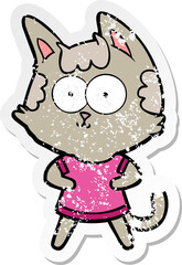 distressed sticker of a happy cartoon cat