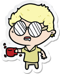 sticker of a cartoon man with cup of coffee