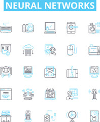Neural networks vector line icons set. Neurons, Networks, Learning, AI, Weights, Synapses, Deep illustration outline concept symbols and signs