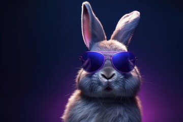 Portrait Of A Cute Bunny Wearing Sunglasses On A Purple Background