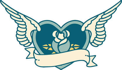 tattoo style icon of a flying heart with flowers and banner