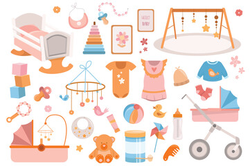 Newborn accessories set concept in the flat cartoon design. Images of things that are necessary for a newborn baby. Vector illustration.