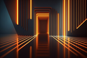 3D rendering of an abstract neon background with glowing golden yellow lines. Empty room with floor reflections.