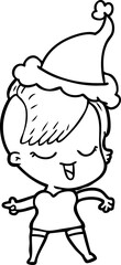 happy line drawing of a girl wearing santa hat