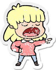 distressed sticker of a cartoon woman talking loudly