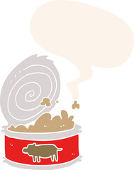 cartoon canned food and speech bubble in retro style