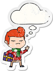 Fototapeta premium cartoon cool guy with fashion hair cut and thought bubble as a distressed worn sticker