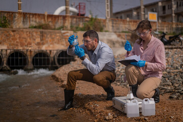 Scientist analysis professional wearing glasses and safety glove under working analysis water...