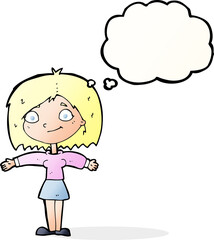 cartoon happy girl with thought bubble