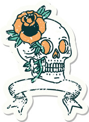grunge sticker with banner of a skull and rose