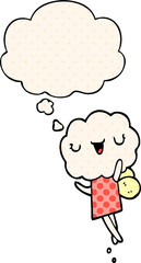 cute cartoon cloud head creature and thought bubble in comic book style