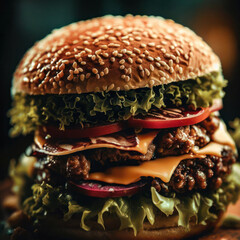 Bacon-Cheeseburger with Roasted Tomatoes and Juicy Beef (food photography / Generative AI)