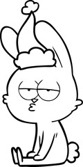 cute line drawing of a rabbit wearing santa hat