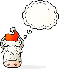 thought bubble cartoon cow wearing christmas hat