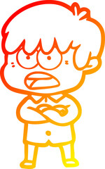 warm gradient line drawing worried cartoon boy