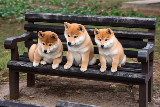 Shiba inus on a park bench