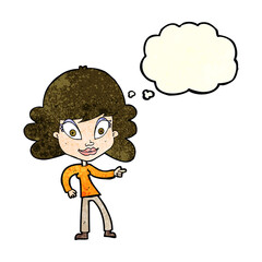 cartoon woman pointing with thought bubble