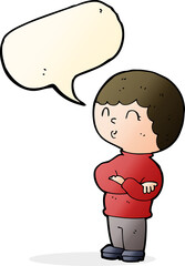 cartoon boy with folded arms with speech bubble