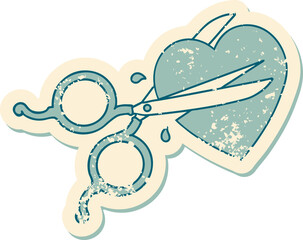 distressed sticker tattoo style icon of scissors cutting a heart