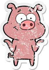 distressed sticker of a happy cartoon pig