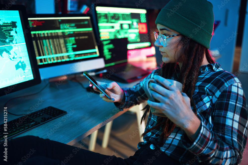 Poster Mobile, cyber security or girl by computer screen in dark room at night for coding, research or blockchain. Coffee, phone hacker or woman hacking online in digital transformation on global website