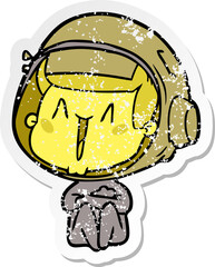distressed sticker of a happy cartoon astronaut